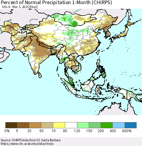 Asia Percent of Normal Precipitation 1-Month (CHIRPS) Thematic Map For 2/6/2023 - 3/5/2023