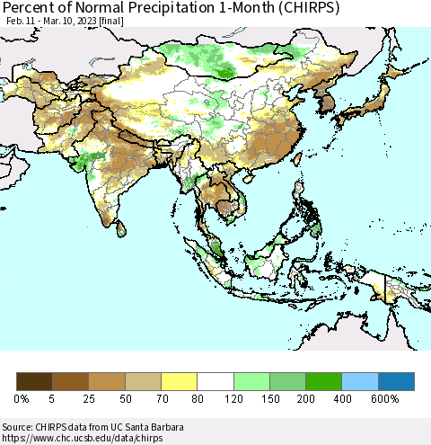 Asia Percent of Normal Precipitation 1-Month (CHIRPS) Thematic Map For 2/11/2023 - 3/10/2023