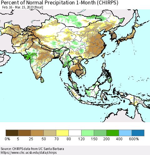 Asia Percent of Normal Precipitation 1-Month (CHIRPS) Thematic Map For 2/16/2023 - 3/15/2023