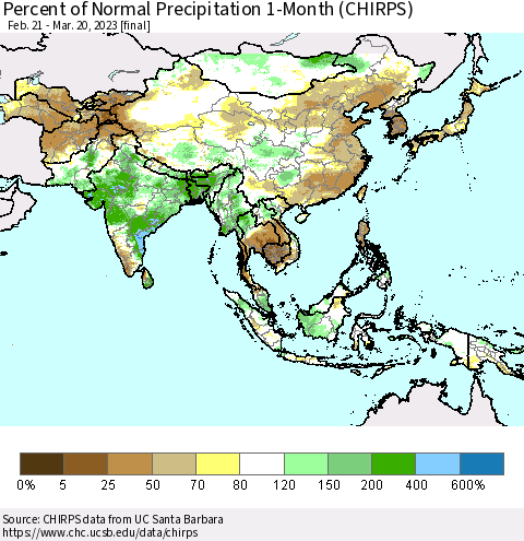 Asia Percent of Normal Precipitation 1-Month (CHIRPS) Thematic Map For 2/21/2023 - 3/20/2023