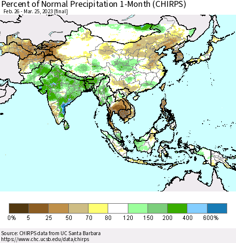 Asia Percent of Normal Precipitation 1-Month (CHIRPS) Thematic Map For 2/26/2023 - 3/25/2023