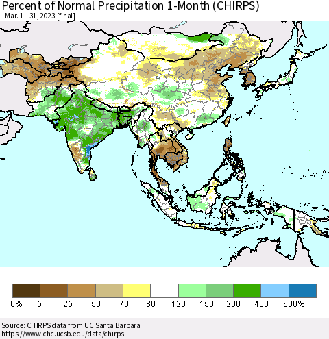 Asia Percent of Normal Precipitation 1-Month (CHIRPS) Thematic Map For 3/1/2023 - 3/31/2023