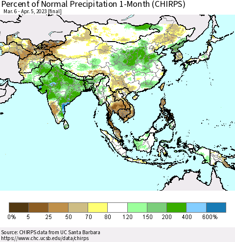 Asia Percent of Normal Precipitation 1-Month (CHIRPS) Thematic Map For 3/6/2023 - 4/5/2023