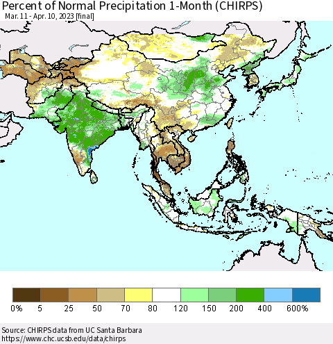 Asia Percent of Normal Precipitation 1-Month (CHIRPS) Thematic Map For 3/11/2023 - 4/10/2023