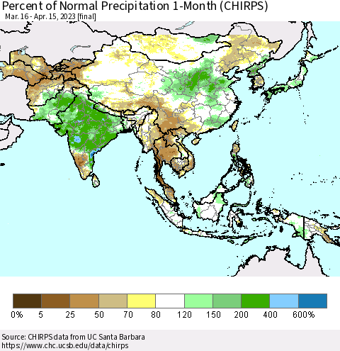 Asia Percent of Normal Precipitation 1-Month (CHIRPS) Thematic Map For 3/16/2023 - 4/15/2023