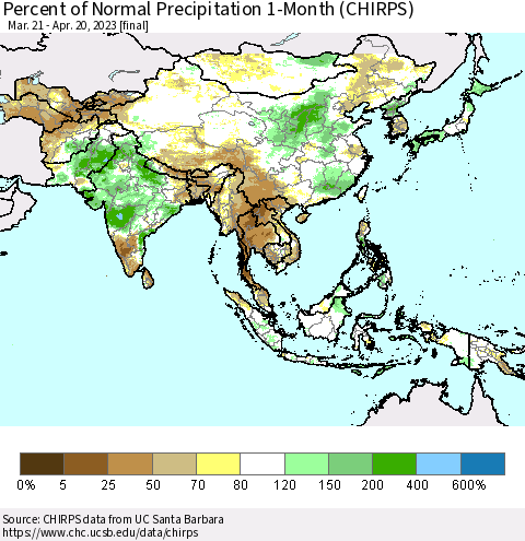 Asia Percent of Normal Precipitation 1-Month (CHIRPS) Thematic Map For 3/21/2023 - 4/20/2023