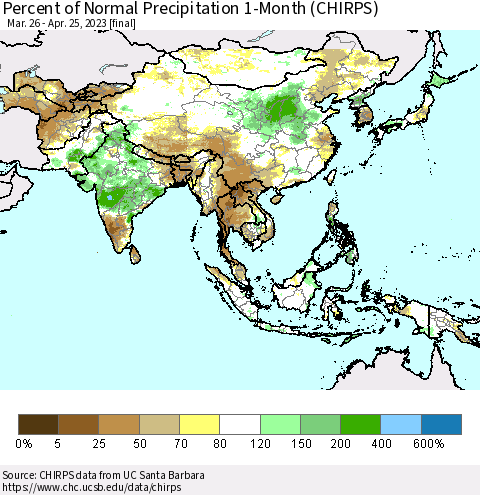 Asia Percent of Normal Precipitation 1-Month (CHIRPS) Thematic Map For 3/26/2023 - 4/25/2023