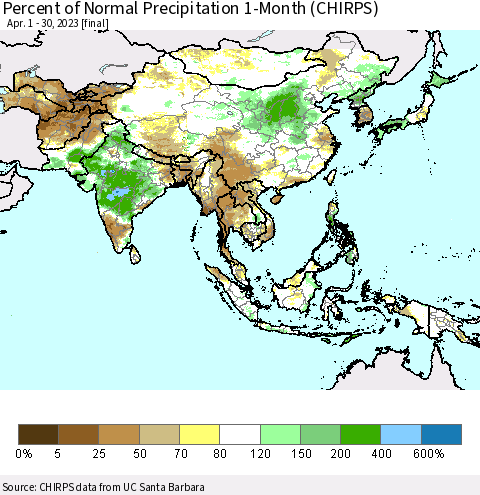 Asia Percent of Normal Precipitation 1-Month (CHIRPS) Thematic Map For 4/1/2023 - 4/30/2023