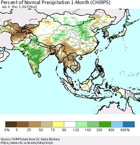 Asia Percent of Normal Precipitation 1-Month (CHIRPS) Thematic Map For 4/6/2023 - 5/5/2023