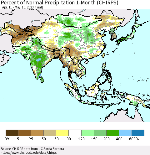 Asia Percent of Normal Precipitation 1-Month (CHIRPS) Thematic Map For 4/11/2023 - 5/10/2023