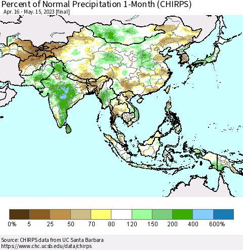 Asia Percent of Normal Precipitation 1-Month (CHIRPS) Thematic Map For 4/16/2023 - 5/15/2023
