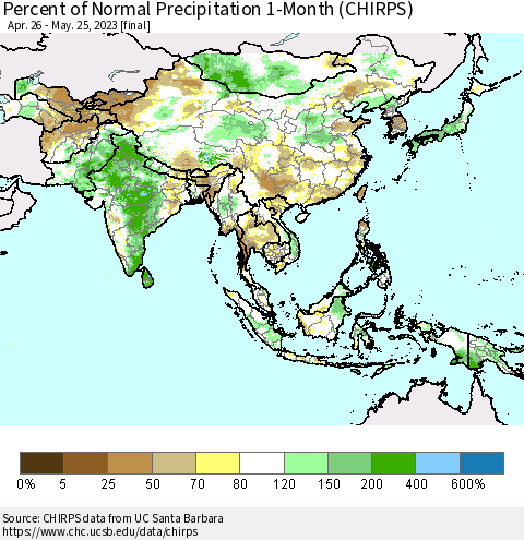 Asia Percent of Normal Precipitation 1-Month (CHIRPS) Thematic Map For 4/26/2023 - 5/25/2023