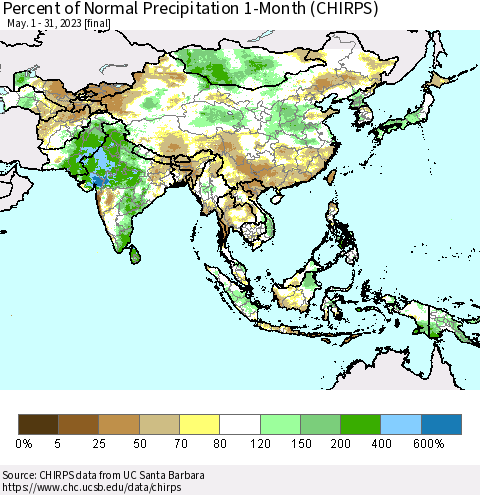 Asia Percent of Normal Precipitation 1-Month (CHIRPS) Thematic Map For 5/1/2023 - 5/31/2023