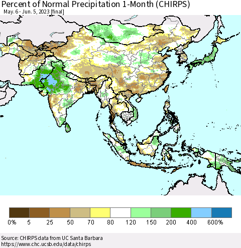 Asia Percent of Normal Precipitation 1-Month (CHIRPS) Thematic Map For 5/6/2023 - 6/5/2023