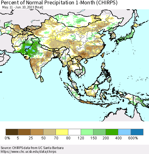 Asia Percent of Normal Precipitation 1-Month (CHIRPS) Thematic Map For 5/11/2023 - 6/10/2023