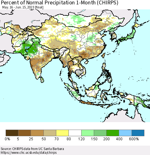 Asia Percent of Normal Precipitation 1-Month (CHIRPS) Thematic Map For 5/16/2023 - 6/15/2023