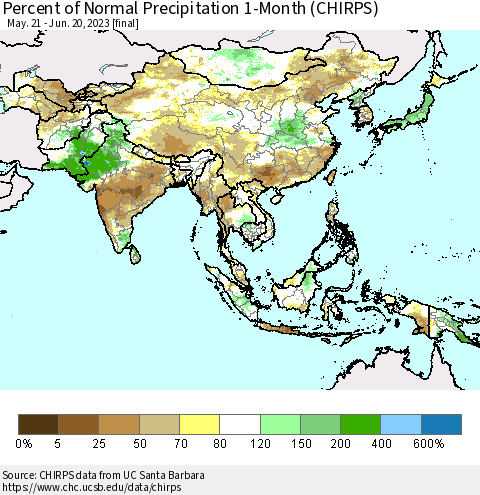 Asia Percent of Normal Precipitation 1-Month (CHIRPS) Thematic Map For 5/21/2023 - 6/20/2023