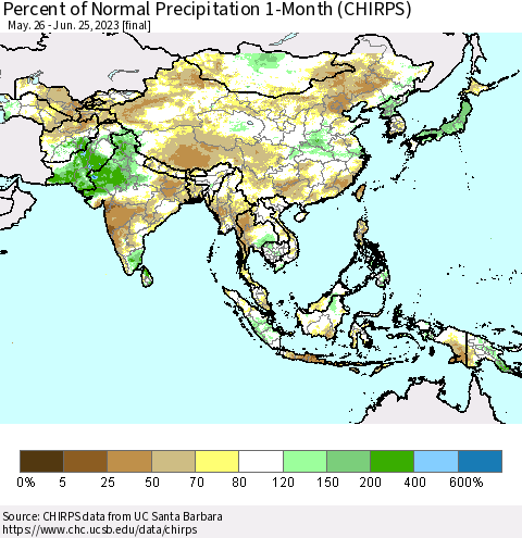 Asia Percent of Normal Precipitation 1-Month (CHIRPS) Thematic Map For 5/26/2023 - 6/25/2023