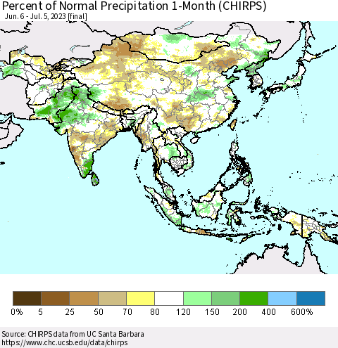 Asia Percent of Normal Precipitation 1-Month (CHIRPS) Thematic Map For 6/6/2023 - 7/5/2023