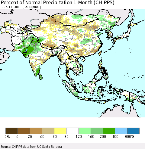 Asia Percent of Normal Precipitation 1-Month (CHIRPS) Thematic Map For 6/11/2023 - 7/10/2023