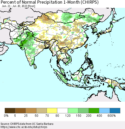 Asia Percent of Normal Precipitation 1-Month (CHIRPS) Thematic Map For 6/21/2023 - 7/20/2023