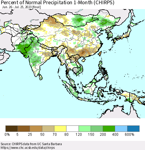 Asia Percent of Normal Precipitation 1-Month (CHIRPS) Thematic Map For 6/26/2023 - 7/25/2023