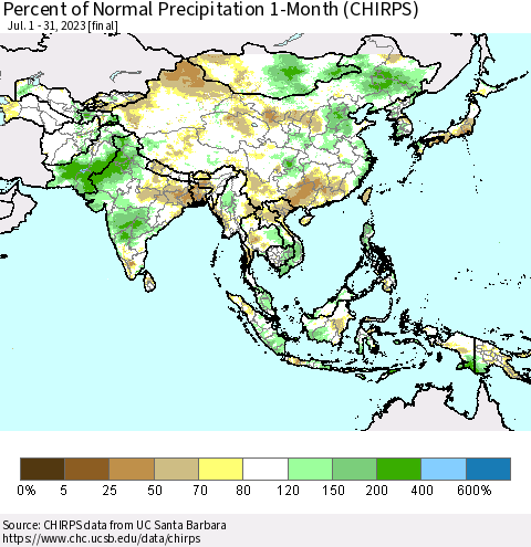 Asia Percent of Normal Precipitation 1-Month (CHIRPS) Thematic Map For 7/1/2023 - 7/31/2023