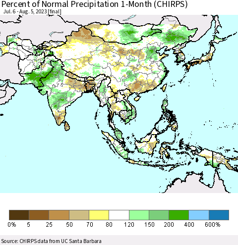 Asia Percent of Normal Precipitation 1-Month (CHIRPS) Thematic Map For 7/6/2023 - 8/5/2023