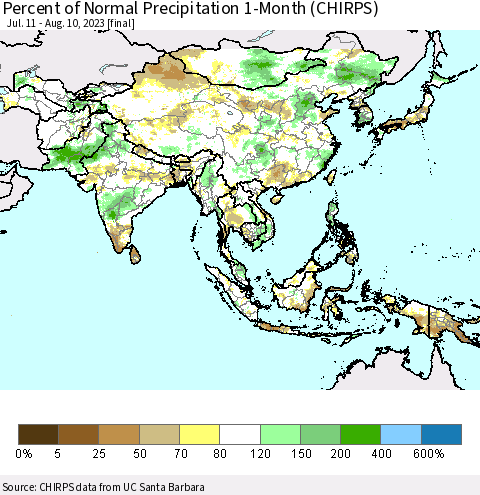 Asia Percent of Normal Precipitation 1-Month (CHIRPS) Thematic Map For 7/11/2023 - 8/10/2023
