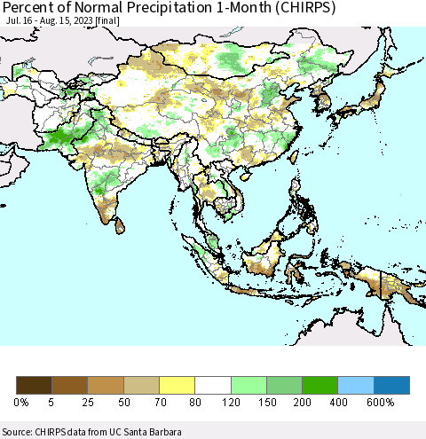 Asia Percent of Normal Precipitation 1-Month (CHIRPS) Thematic Map For 7/16/2023 - 8/15/2023