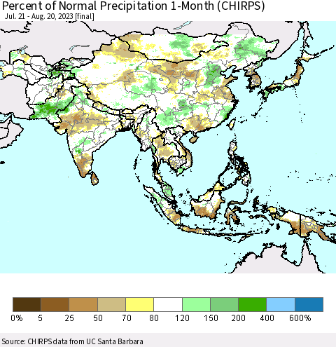Asia Percent of Normal Precipitation 1-Month (CHIRPS) Thematic Map For 7/21/2023 - 8/20/2023