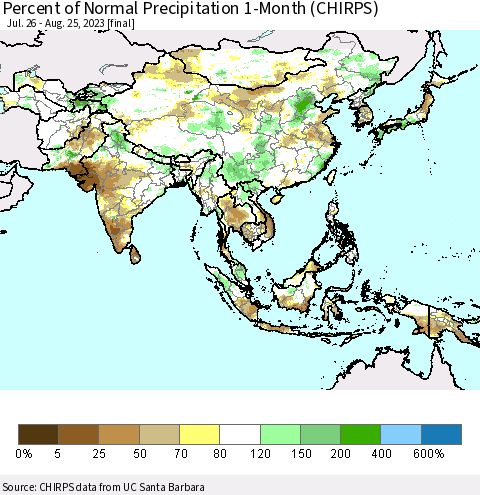 Asia Percent of Normal Precipitation 1-Month (CHIRPS) Thematic Map For 7/26/2023 - 8/25/2023