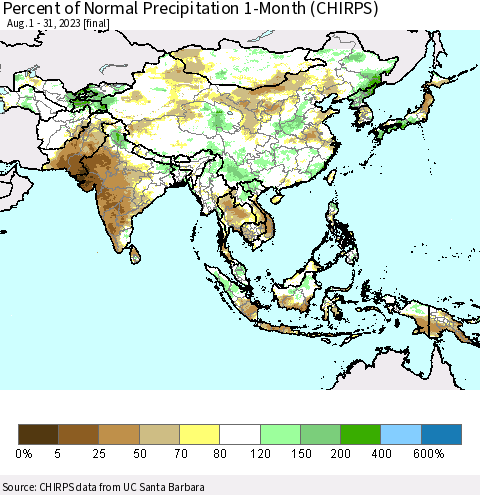 Asia Percent of Normal Precipitation 1-Month (CHIRPS) Thematic Map For 8/1/2023 - 8/31/2023