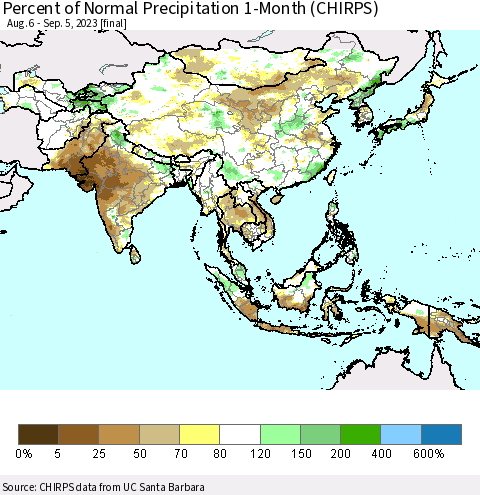 Asia Percent of Normal Precipitation 1-Month (CHIRPS) Thematic Map For 8/6/2023 - 9/5/2023