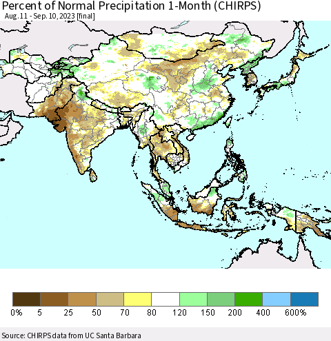 Asia Percent of Normal Precipitation 1-Month (CHIRPS) Thematic Map For 8/11/2023 - 9/10/2023