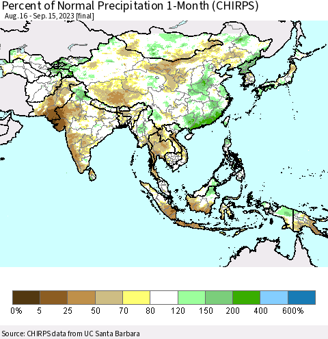Asia Percent of Normal Precipitation 1-Month (CHIRPS) Thematic Map For 8/16/2023 - 9/15/2023
