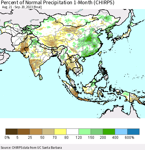 Asia Percent of Normal Precipitation 1-Month (CHIRPS) Thematic Map For 8/21/2023 - 9/20/2023