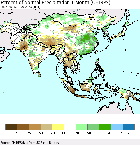 Asia Percent of Normal Precipitation 1-Month (CHIRPS) Thematic Map For 8/26/2023 - 9/25/2023