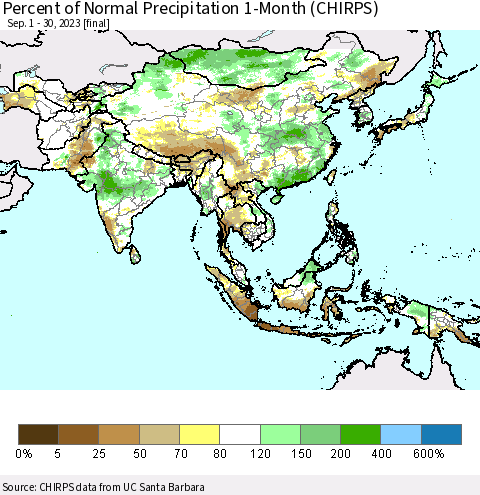 Asia Percent of Normal Precipitation 1-Month (CHIRPS) Thematic Map For 9/1/2023 - 9/30/2023