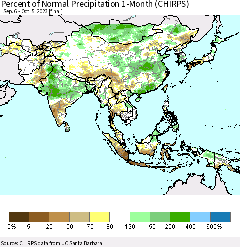 Asia Percent of Normal Precipitation 1-Month (CHIRPS) Thematic Map For 9/6/2023 - 10/5/2023