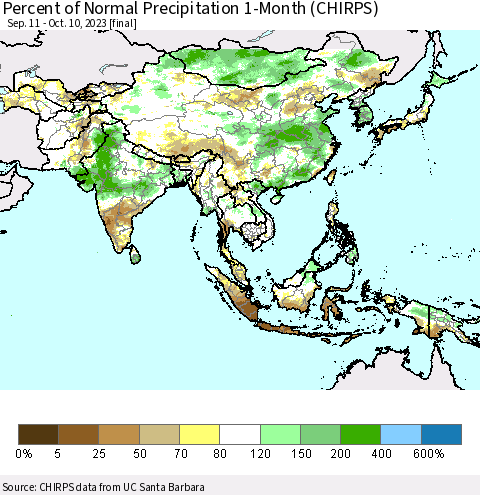 Asia Percent of Normal Precipitation 1-Month (CHIRPS) Thematic Map For 9/11/2023 - 10/10/2023