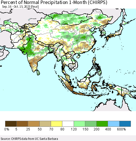Asia Percent of Normal Precipitation 1-Month (CHIRPS) Thematic Map For 9/16/2023 - 10/15/2023