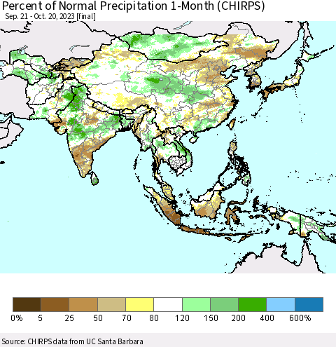 Asia Percent of Normal Precipitation 1-Month (CHIRPS) Thematic Map For 9/21/2023 - 10/20/2023