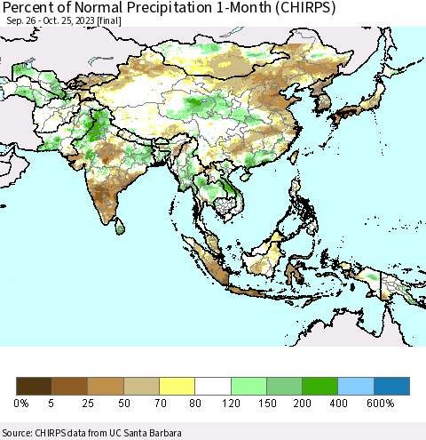 Asia Percent of Normal Precipitation 1-Month (CHIRPS) Thematic Map For 9/26/2023 - 10/25/2023
