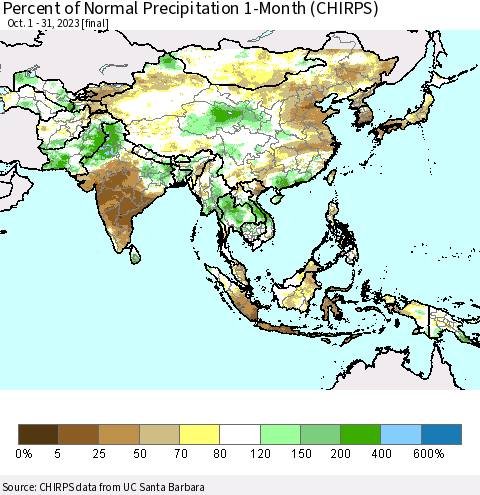 Asia Percent of Normal Precipitation 1-Month (CHIRPS) Thematic Map For 10/1/2023 - 10/31/2023