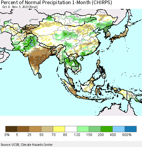 Asia Percent of Normal Precipitation 1-Month (CHIRPS) Thematic Map For 10/6/2023 - 11/5/2023