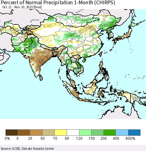 Asia Percent of Normal Precipitation 1-Month (CHIRPS) Thematic Map For 10/11/2023 - 11/10/2023