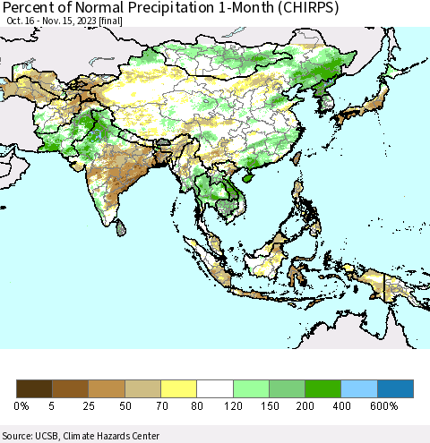 Asia Percent of Normal Precipitation 1-Month (CHIRPS) Thematic Map For 10/16/2023 - 11/15/2023