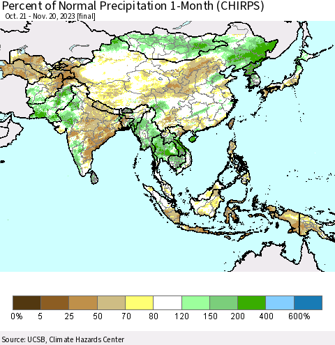 Asia Percent of Normal Precipitation 1-Month (CHIRPS) Thematic Map For 10/21/2023 - 11/20/2023