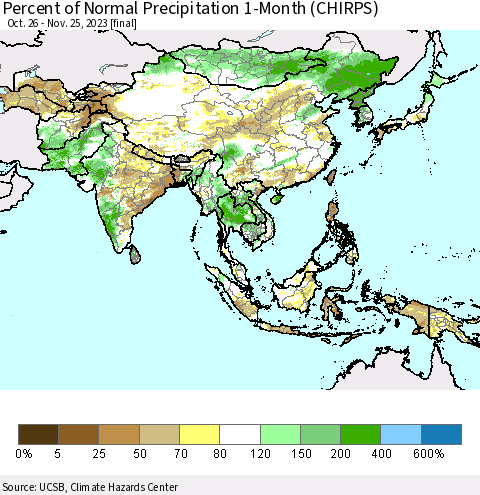 Asia Percent of Normal Precipitation 1-Month (CHIRPS) Thematic Map For 10/26/2023 - 11/25/2023